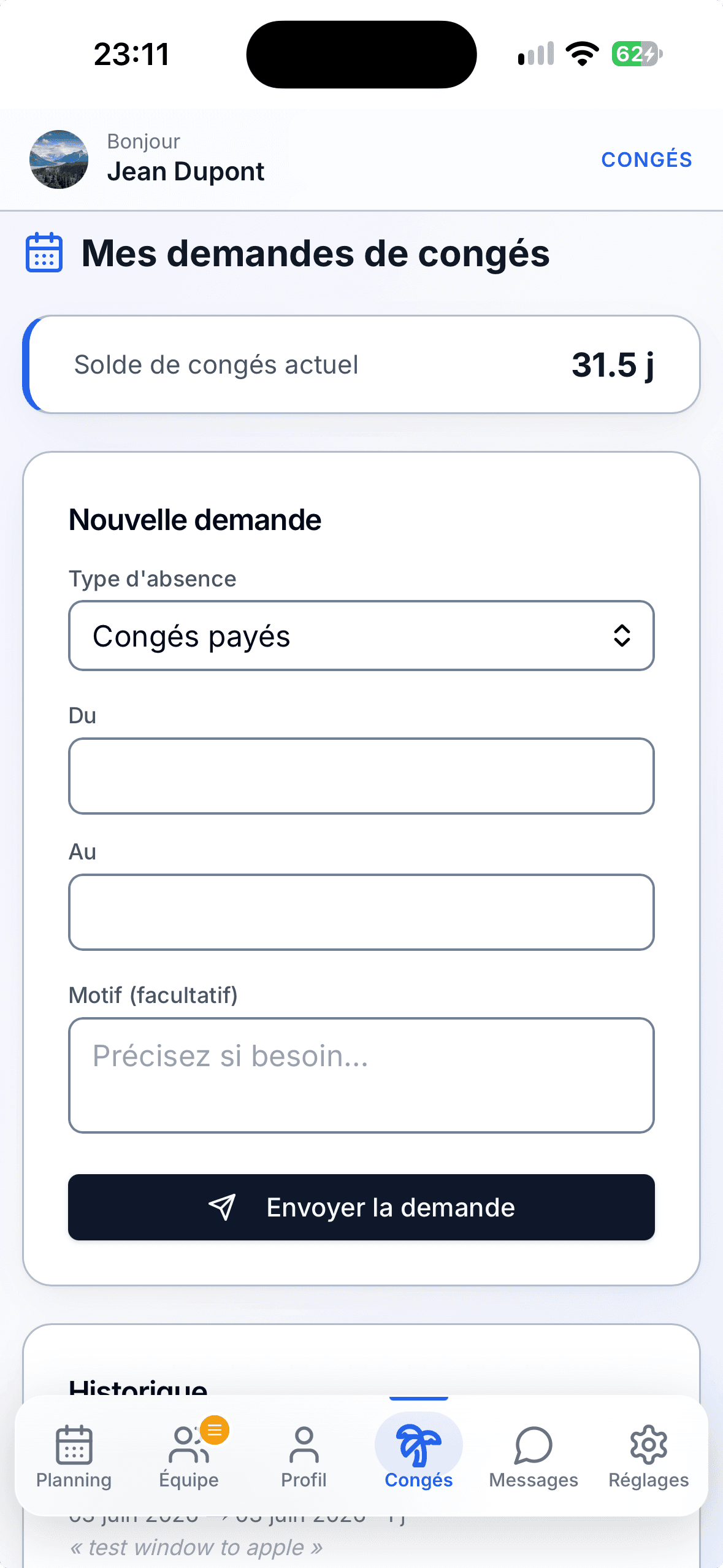 Demande de congés depuis le mobile