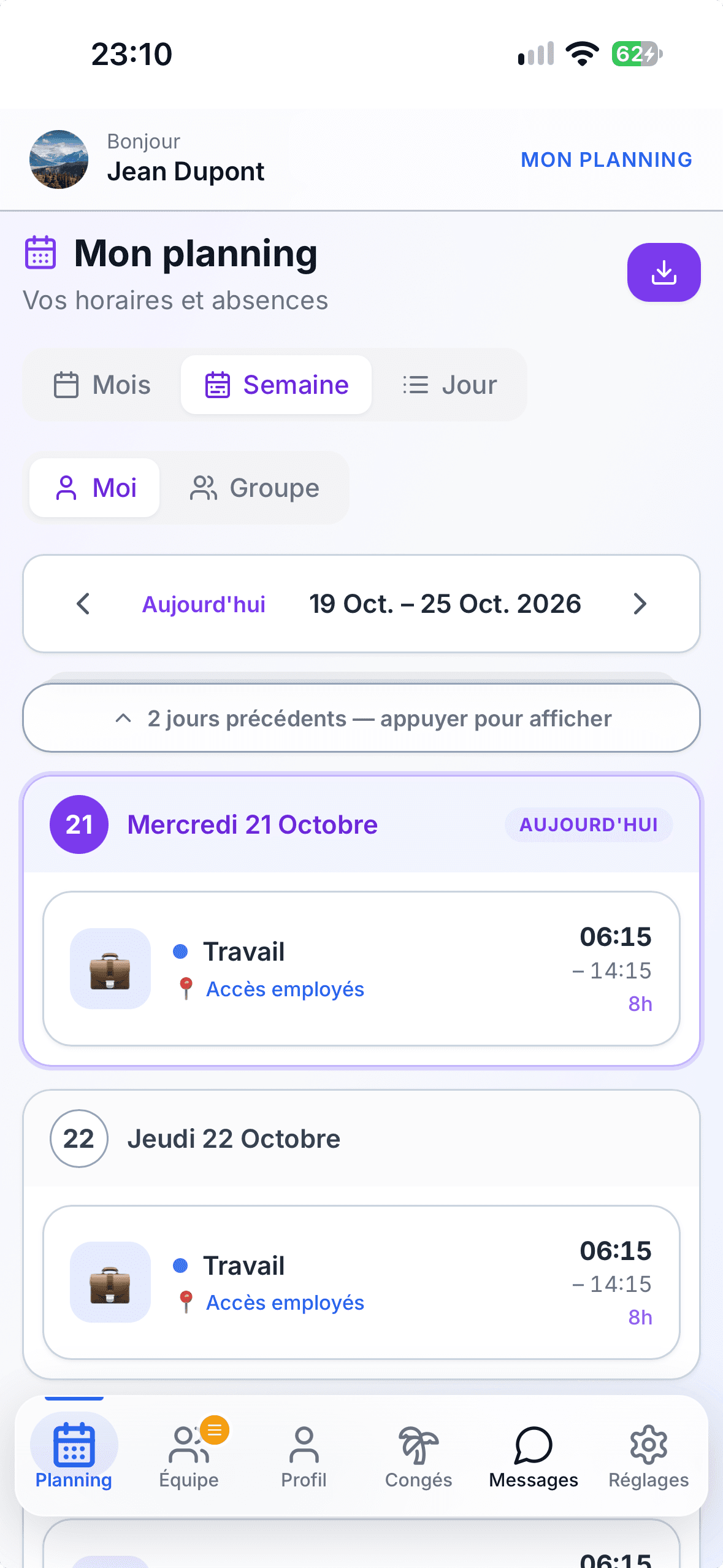 Espace employé TRHOM sur smartphone