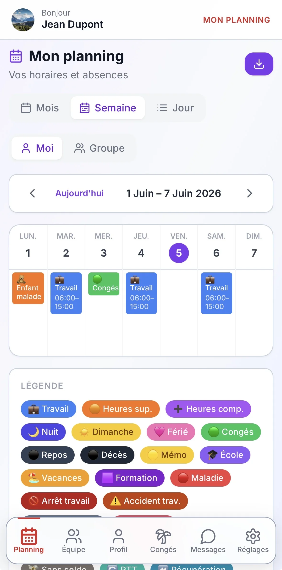 Espace employé TRHOM — planning personnel et suivi des heures sur mobile